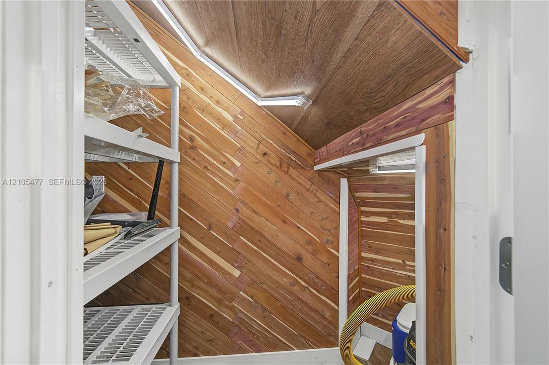 Cedar-lined storage space featuring built-in overhead lighting and slatted shelving
