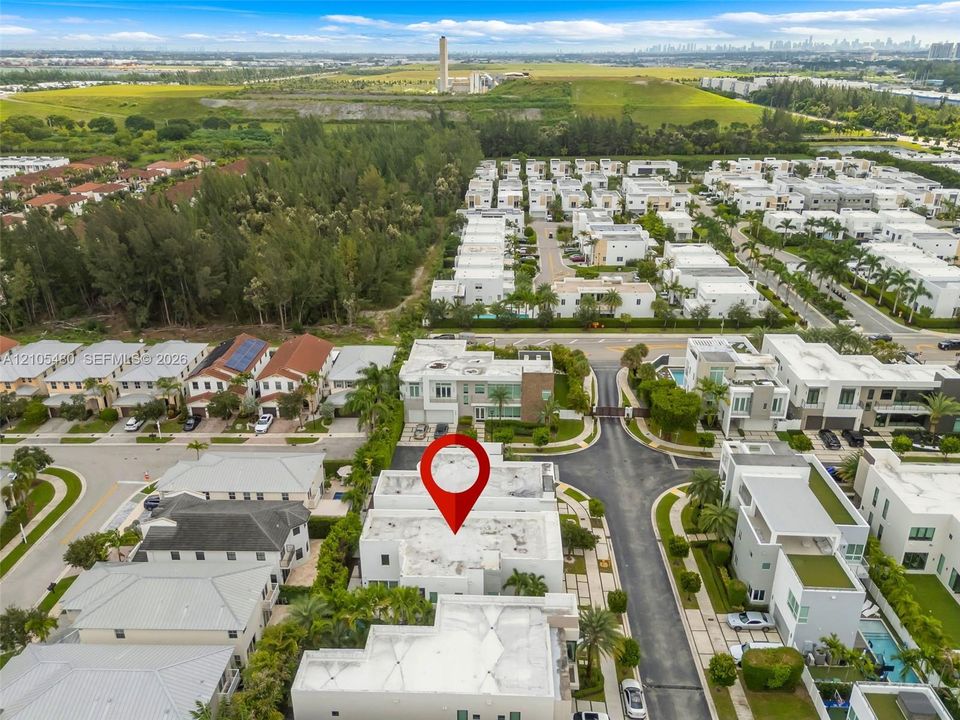 Aerial perspective showcasing a residential community with contemporary architectural styles