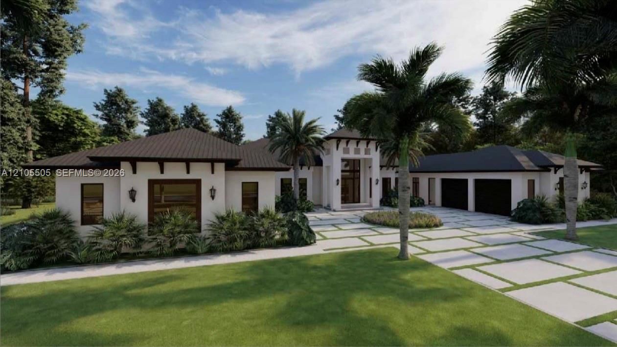 Contemporary exterior with white stucco finish, dark tile roof, integrated three-car garage, and a modern paver driveway