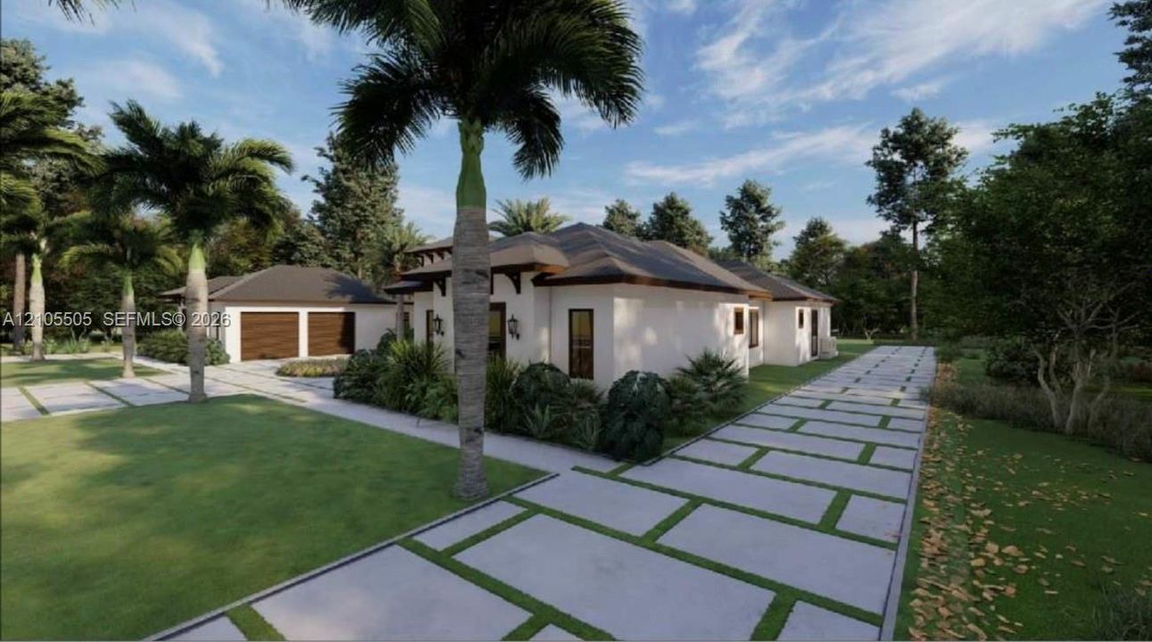 Extensive concrete paver driveway, detached two-car garage with wood-finish doors, stucco exterior, dark roof, and mature palm trees