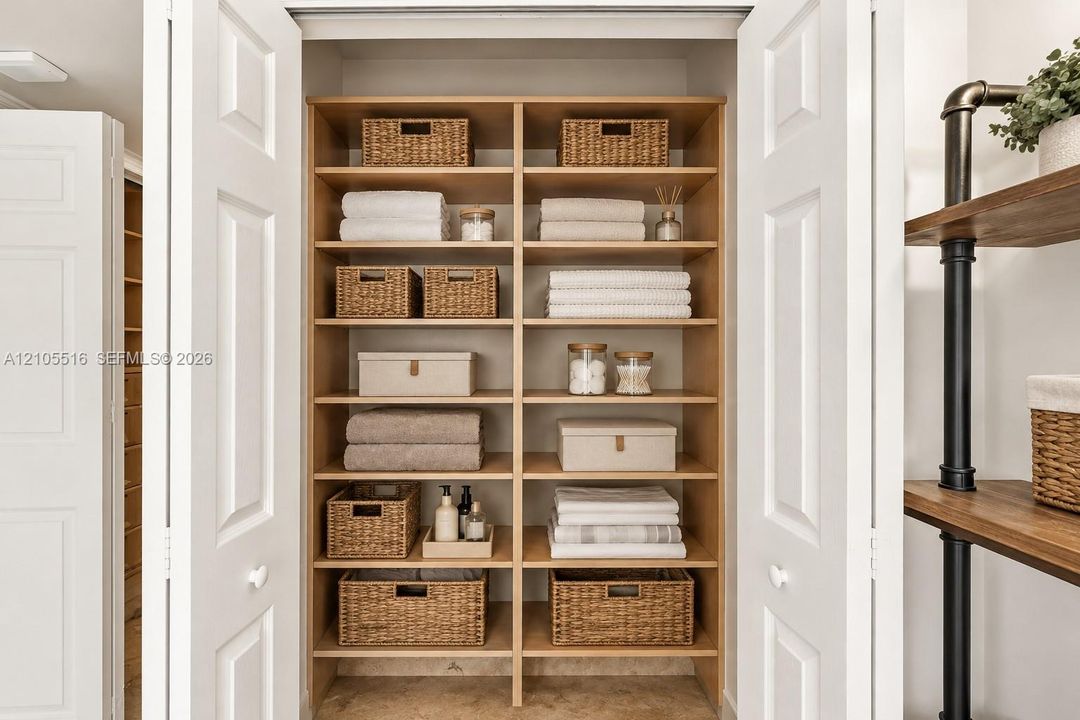 Built-in closet shelving with light wood-finish
