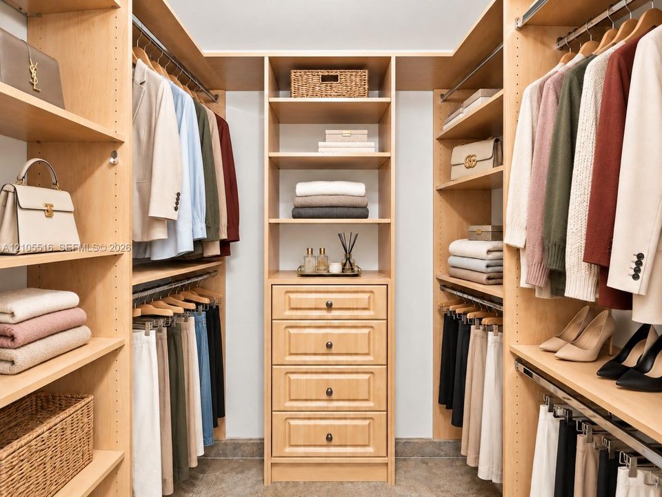 Custom closet system featuring light wood-finish cabinetry