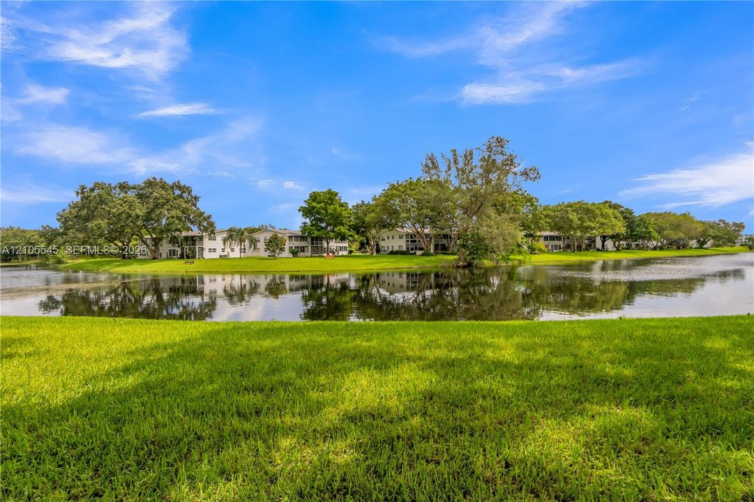 Expansive green lawn bordering a reflective body of water with established trees and multiple residential buildings in the background