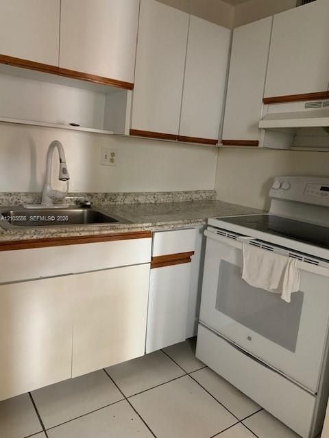 White cabinetry with wood-finish trim, speckled countertops, stainless steel sink with gooseneck faucet, and tile flooring