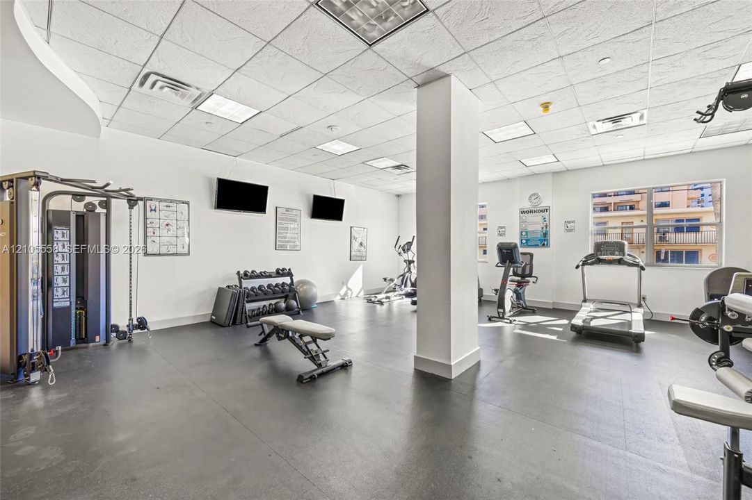 Fitness area featuring a multi-station cable machine, an assortment of free weights, exercise benches, and cardio equipment