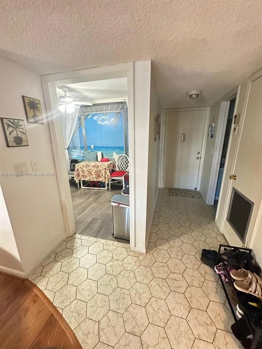 Hexagonal floor tile entry leading to a screened-in balcony with water scenery and wood-finish flooring