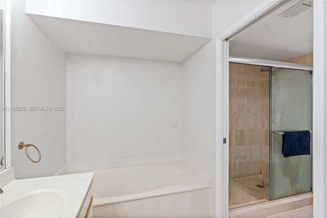 Expansive primary bathroom featuring a dual-sink vanity, separate soaking tub, and walk-in shower, offering exceptional space and comfort.