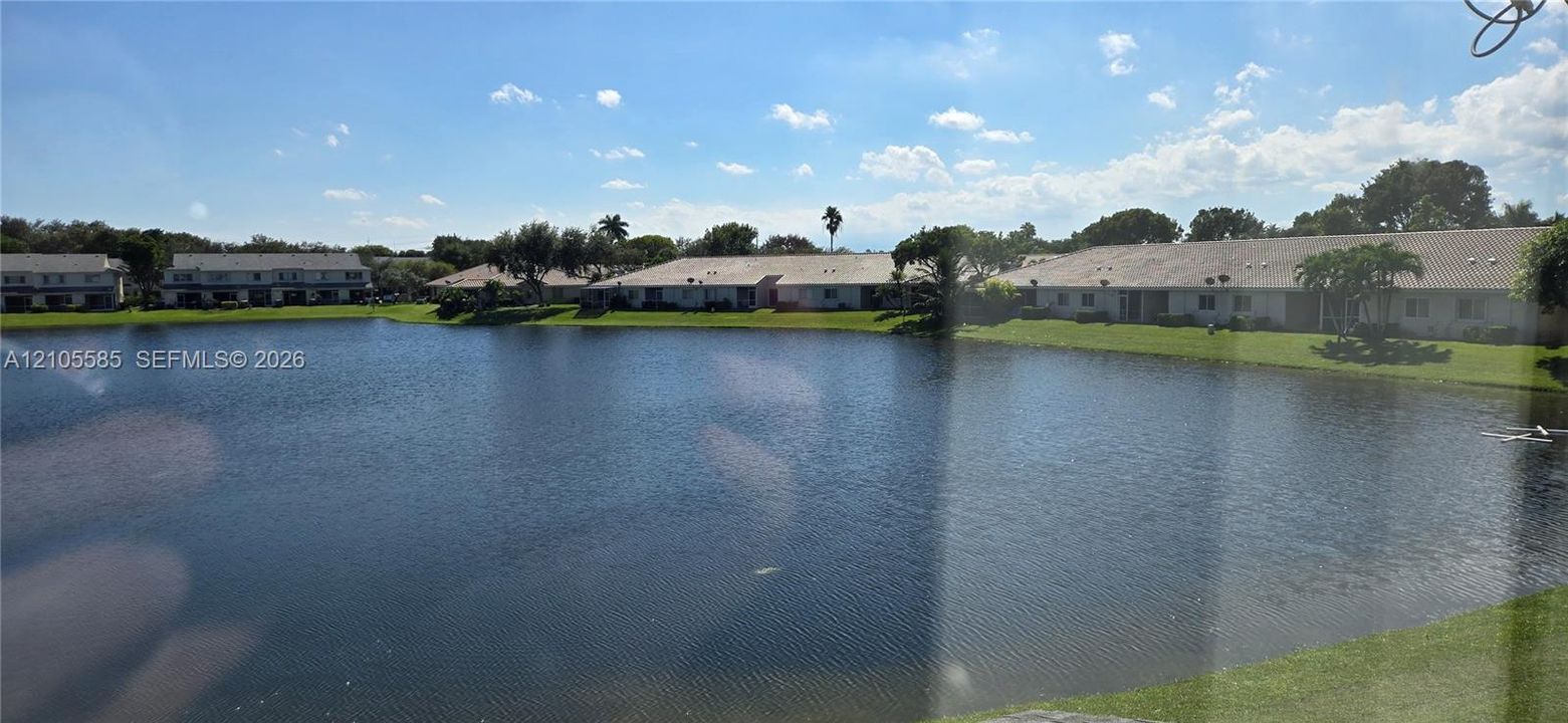 Expansive waterfront area featuring a large body of water, landscaped grass borders, and mature trees