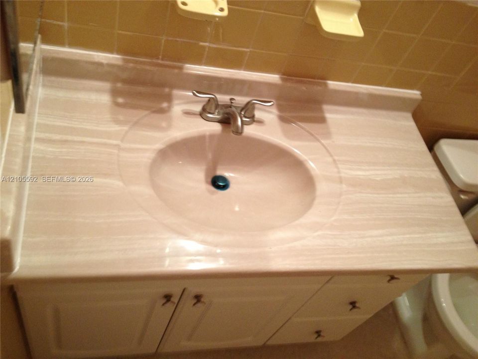 Built-in vanity with a single basin sink, dual-handle faucet, and white cabinet doors