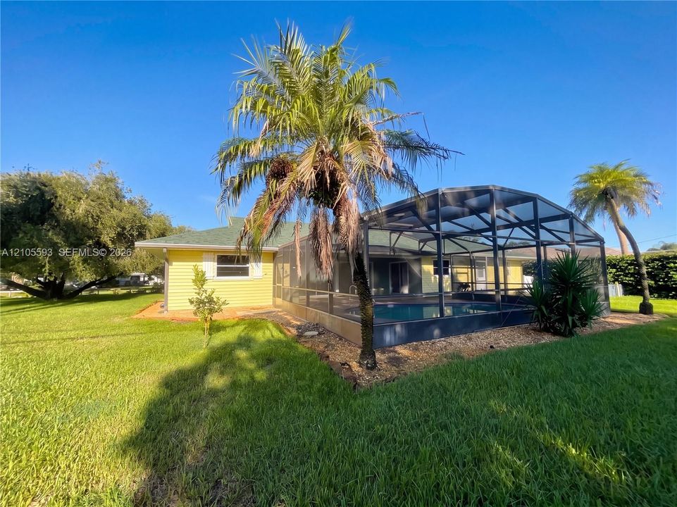 Exterior of the residence featuring light yellow lap siding, an enclosed screened-in pool, mature palm trees, and an expansive lawn