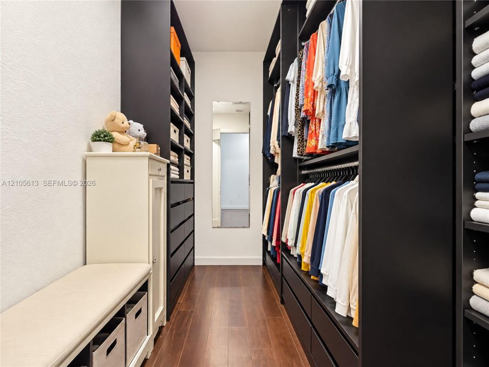 Walk-in closet featuring floor-to-ceiling custom black cabinetry, integrated shelving units, multiple built-in storage drawers, a full-length wall mirror, and wood-finish flooring