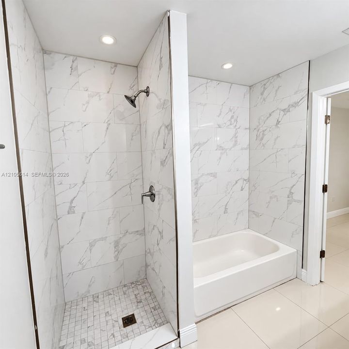 Walk-in shower with stone-finish tile surround, integrated soaking tub, brushed metal fixtures, and recessed lighting