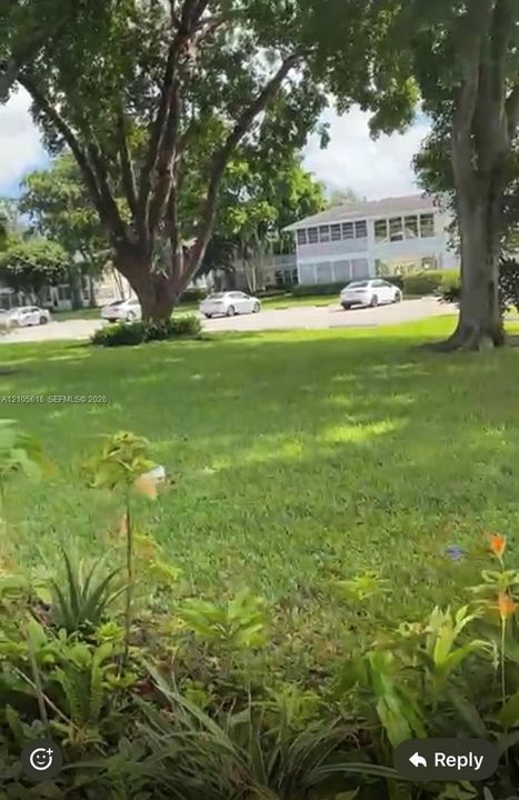 Ground-level exterior featuring a manicured lawn, mature trees, and established shrubbery