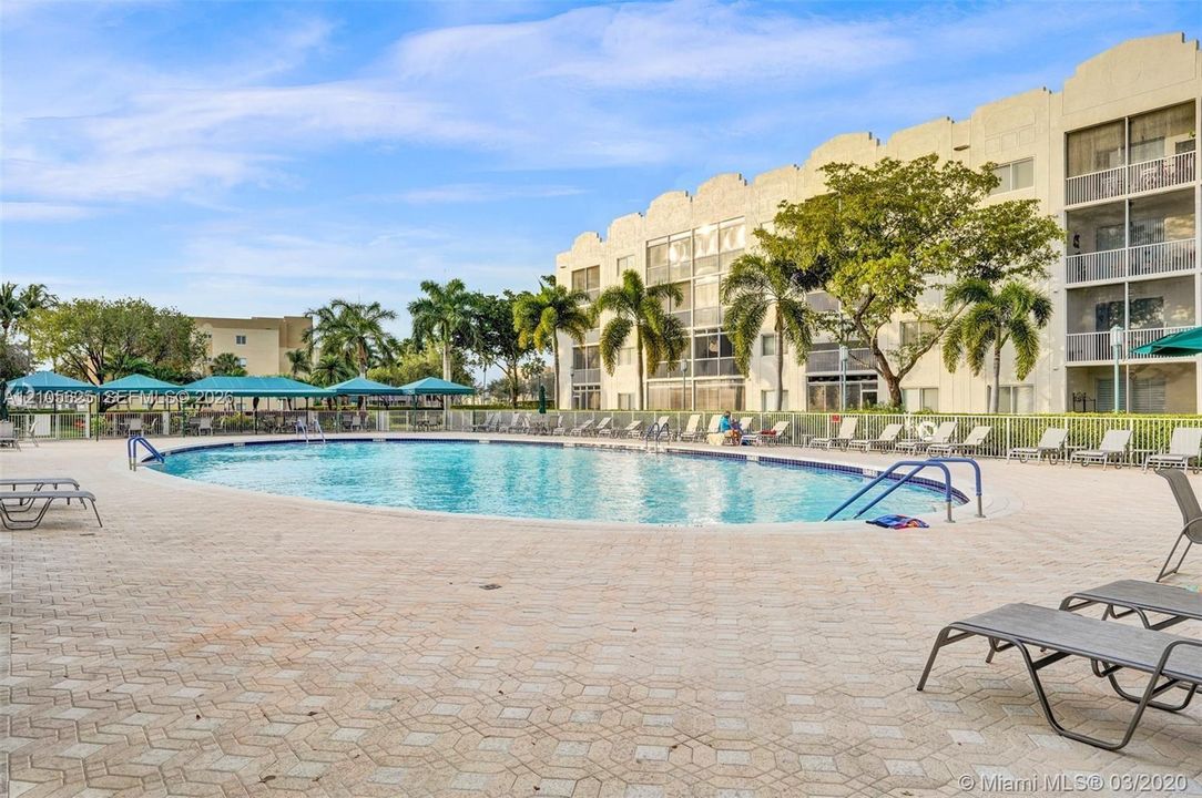 Swimming pool area featuring a paved deck, shaded canopy structures, perimeter fencing, and mature palm trees