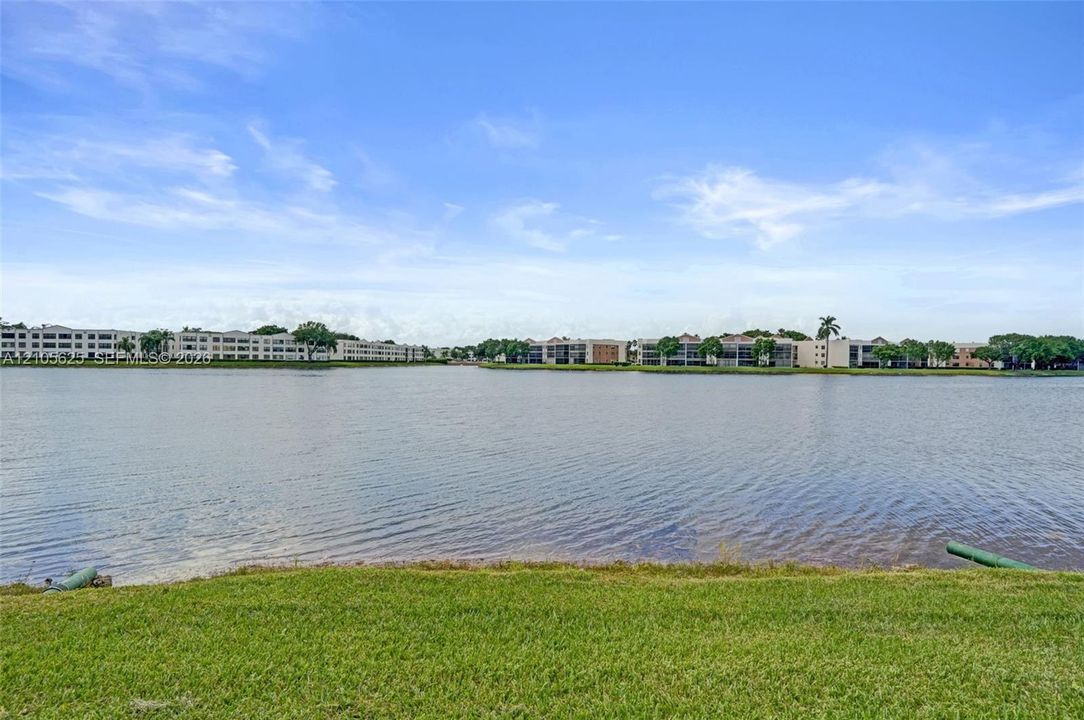 Waterfront property featuring an expansive lake and manicured turf grass