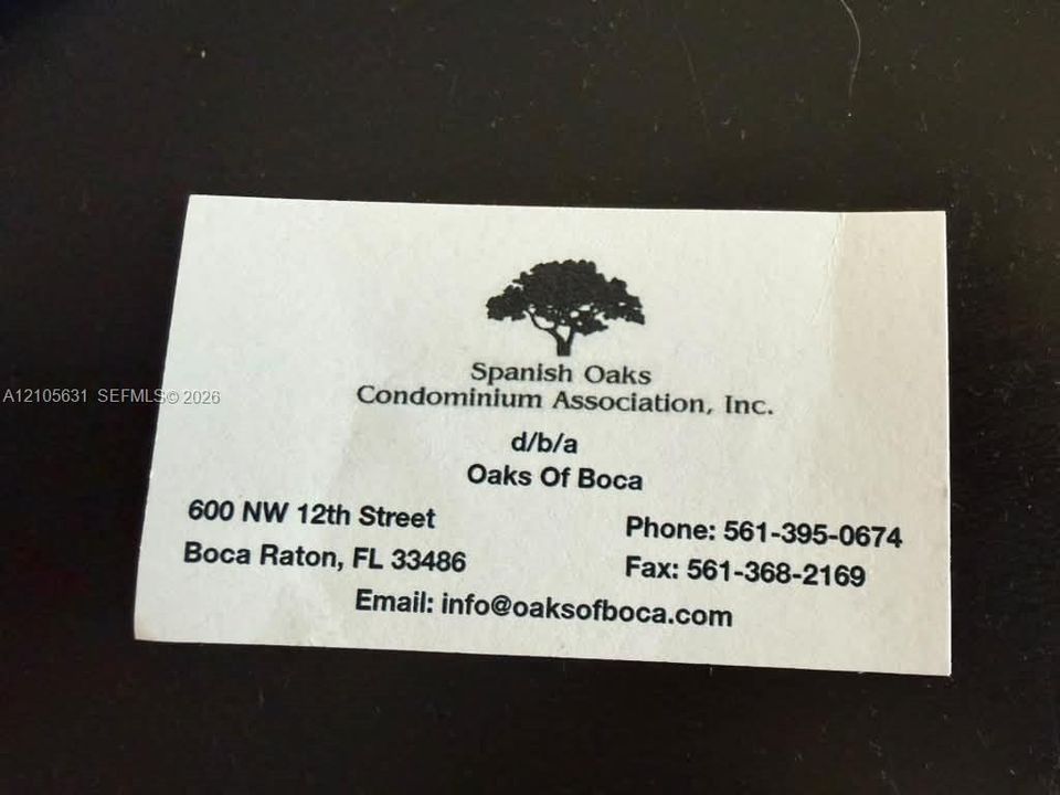 Condominium Association Business Card. Providing official entity name and contact information for the property management office