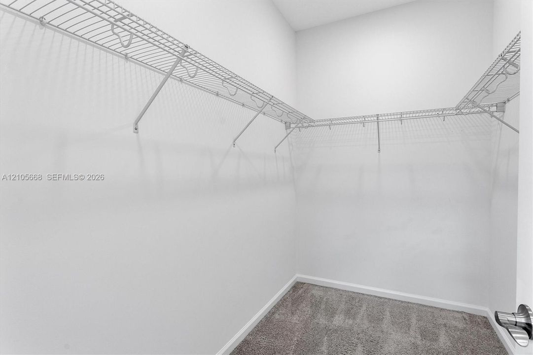Storage area featuring wall-to-wall carpeting and upper wire shelving