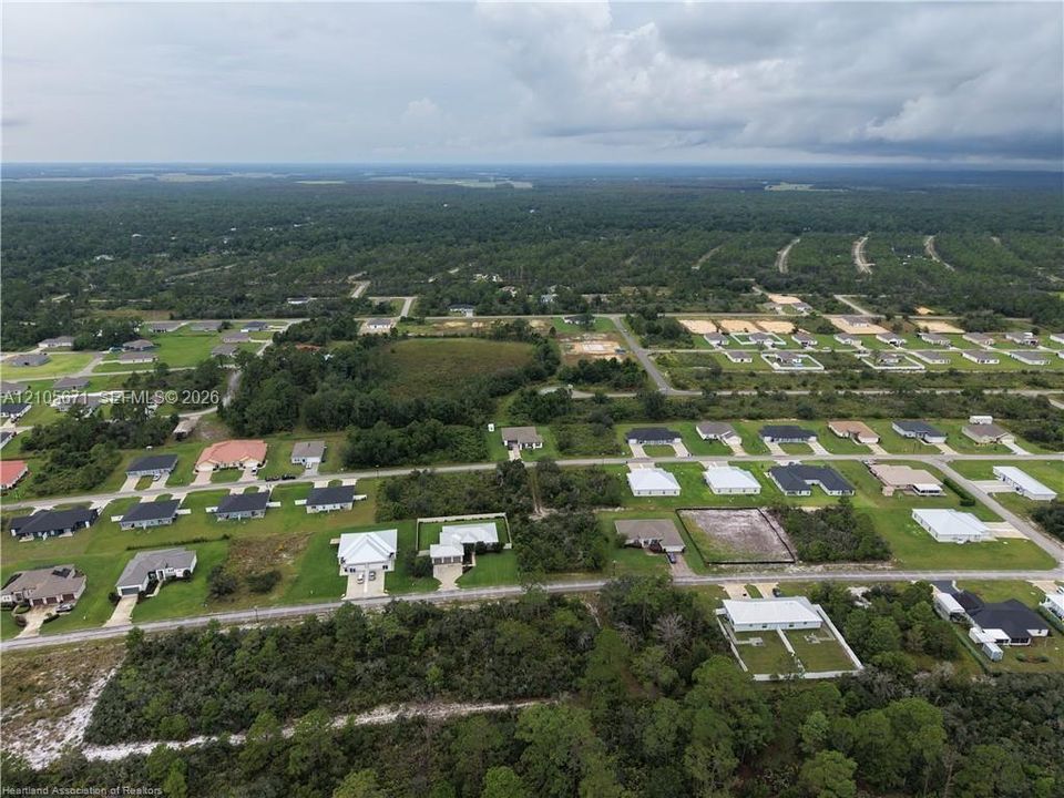 Aerial perspective of a residential neighborhood featuring paved streets, established lot configurations, and surrounding wooded acreage