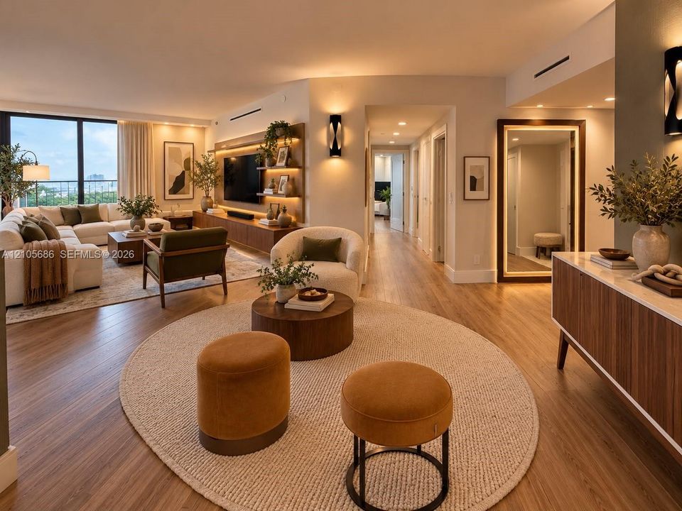 Open-concept living space featuring wood-finish flooring, custom built-in cabinetry with integrated shelving and recessed lighting, floor-to-ceiling windows, and wall-mounted light fixtures