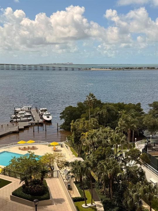 Waterfront property featuring a private boat dock, swimming pool with a paved deck, extensive landscaping with palm trees, and an expansive bay expanse