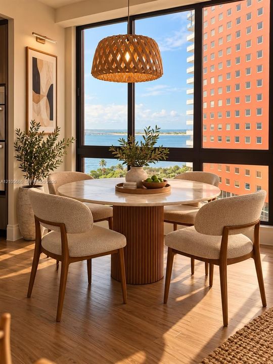 Floor-to-ceiling black-framed windows, wood-finish flooring, and a suspended woven pendant light