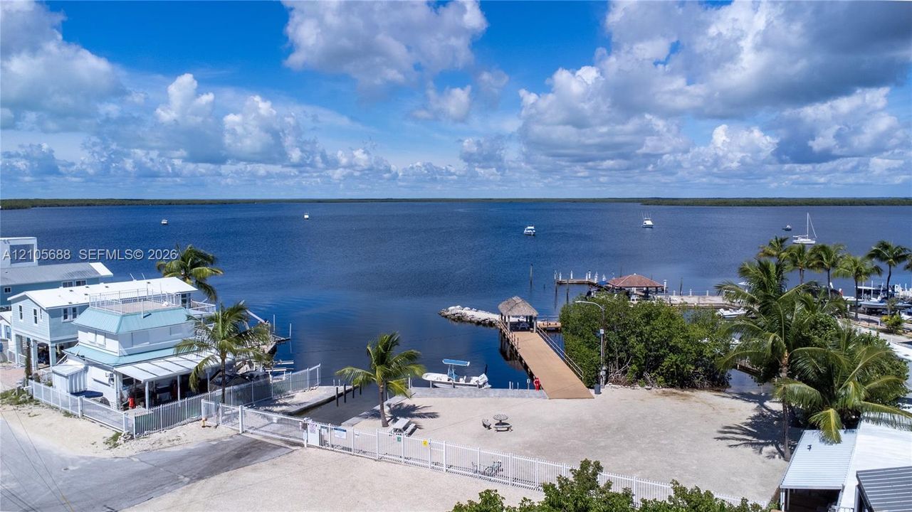 Community Ramp Waterfront property featuring a private wooden pier, thatched-roof dock pavilion, sandy shoreline, and palm trees