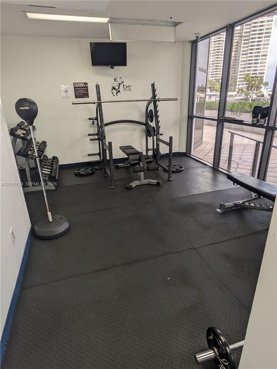 Fitness area featuring rubberized flooring, floor-to-ceiling glass panels, and built-in weight training equipment