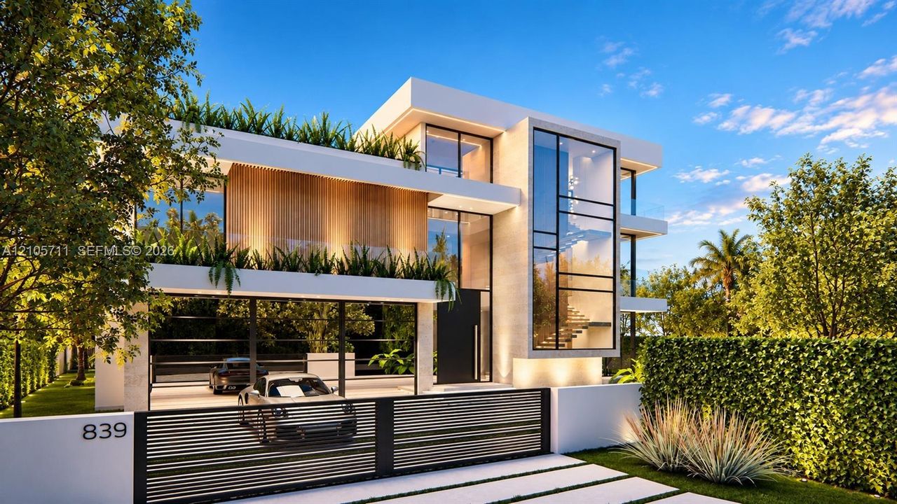 Modern architectural exterior featuring clean white lines, vertical wood-finish accent paneling, floor-to-ceiling glass windows, integrated terrace planters, and a motorized horizontal slat driveway gate