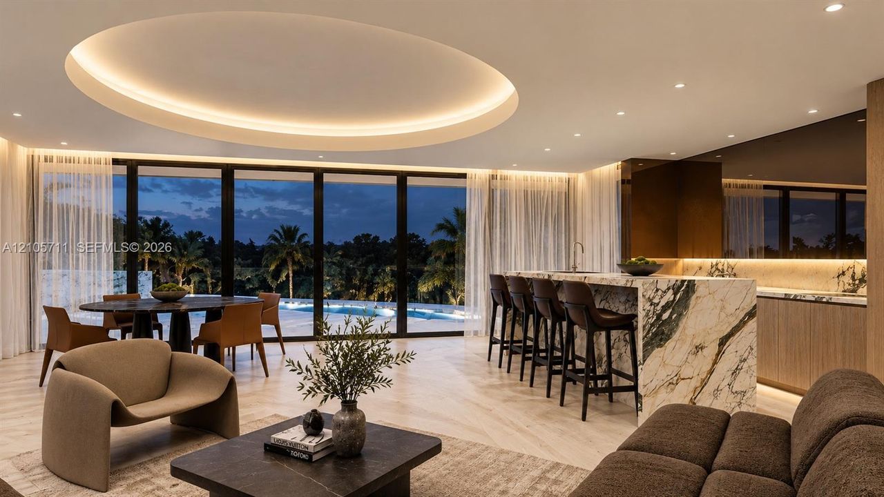 Expansive interior featuring a recessed circular tray ceiling with integrated perimeter lighting, floor-to-ceiling glass wall, light-toned wood-finish flooring, and a large kitchen island with a stone-surfaced waterfall edge