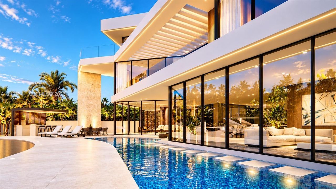 Modern architectural exterior featuring floor-to-ceiling glass walls, a multi-level concrete structure, a custom swimming pool with built-in stepping stones, and a stone-clad outdoor kitchen