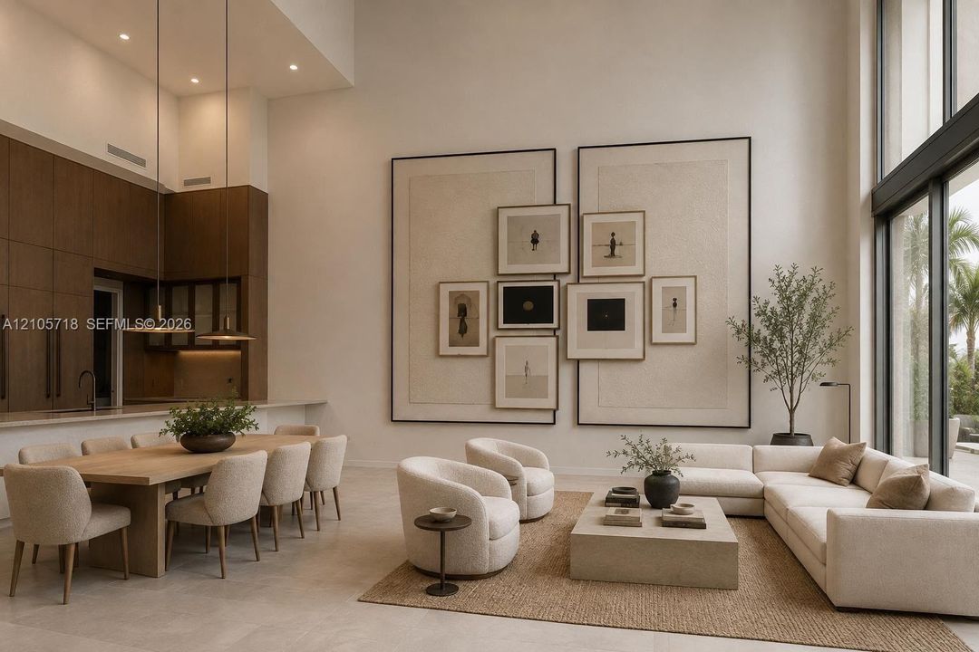 Double-height ceilings, floor-to-ceiling windows, custom built-in wall paneling, full-height dark wood-finish cabinetry, and neutral stone-finish flooring