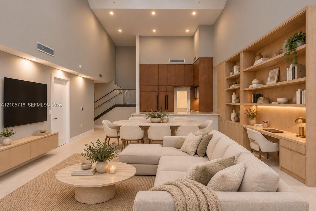 High-ceiling living space featuring extensive floor-to-ceiling wood built-in shelving and desk area, recessed lighting, neutral-toned large-format tile flooring, and a sleek staircase with glass railing