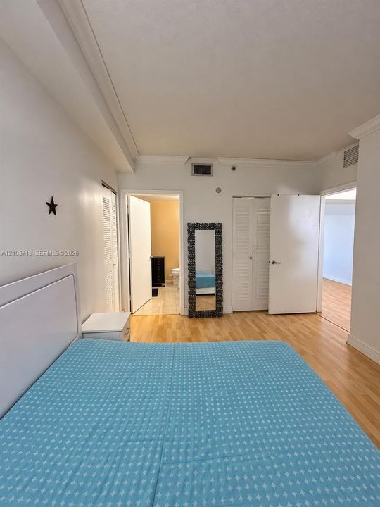 Room featuring wood-finish flooring, crown molding, and double-door closets