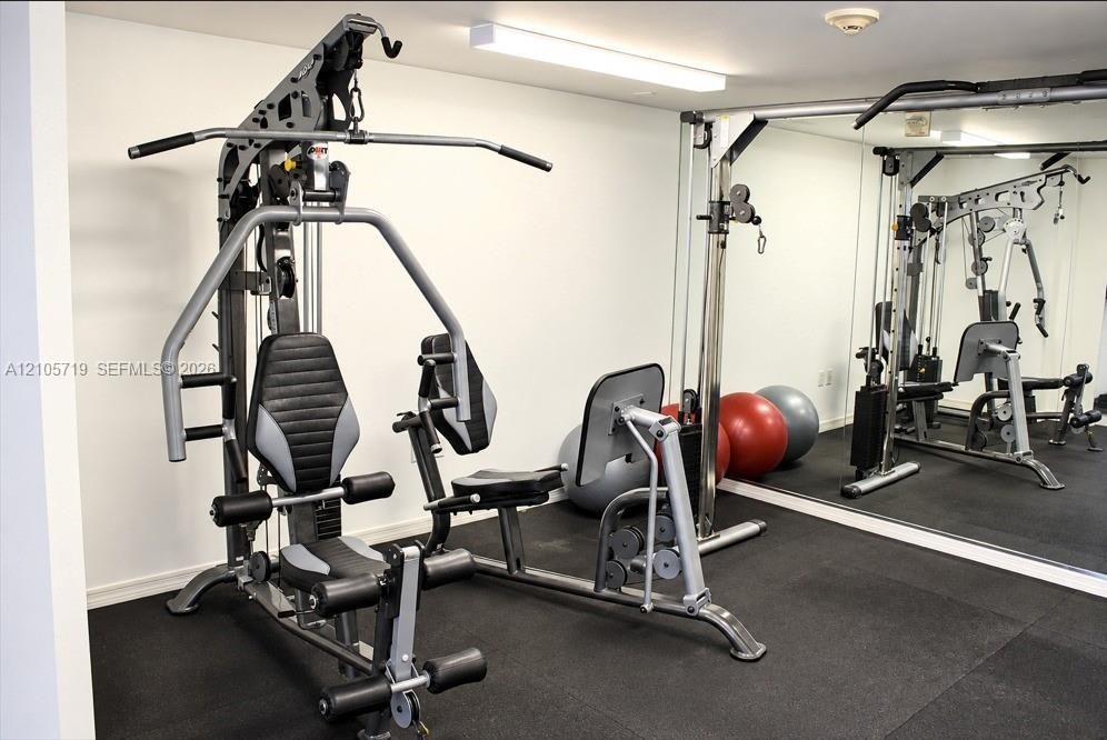 Fitness area featuring wall-to-wall mirrors, industrial-grade rubber flooring, and overhead LED strip lighting