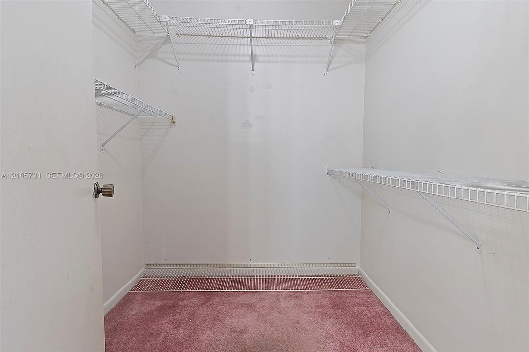 Storage area featuring wall-to-wall carpeting and multi-level white wire shelving