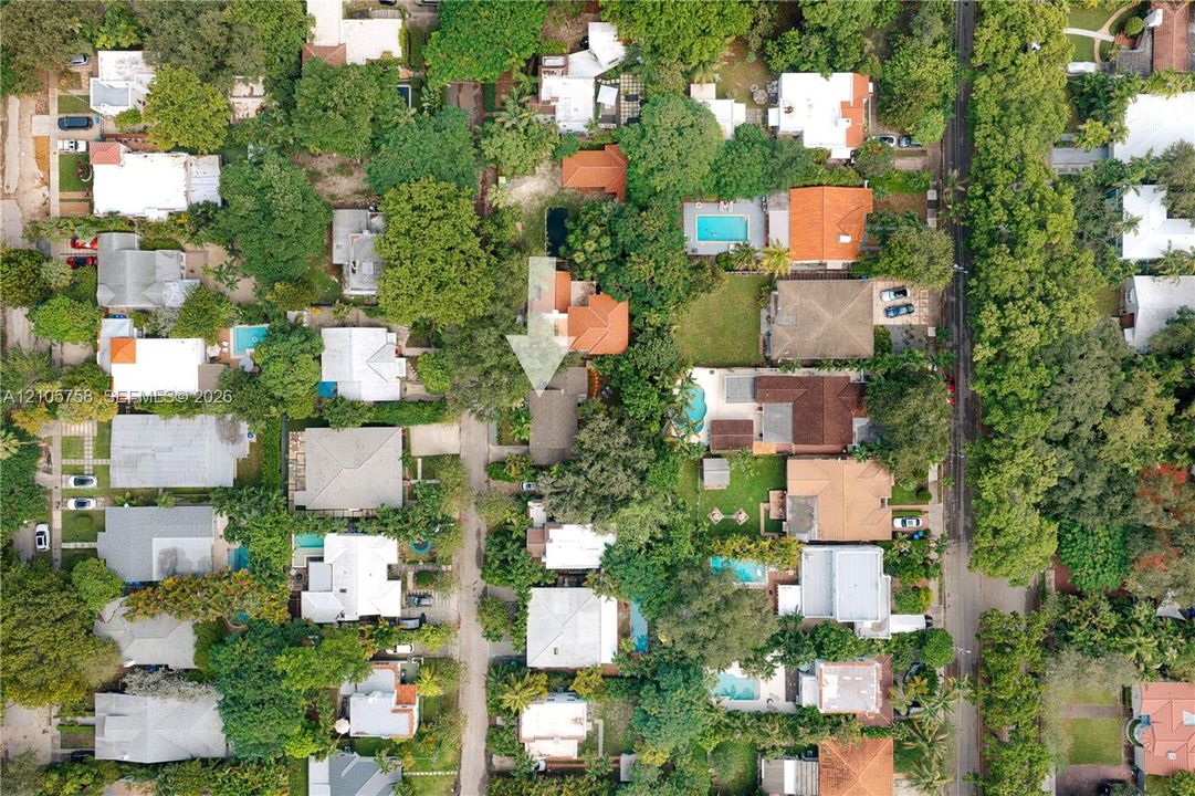 Aerial perspective showcasing a residential property with established tree canopy and mature landscaping