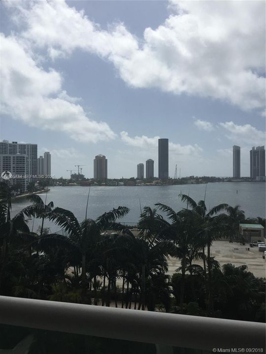 Waterfront balcony featuring a metal railing, palm trees, and panoramic cityscape