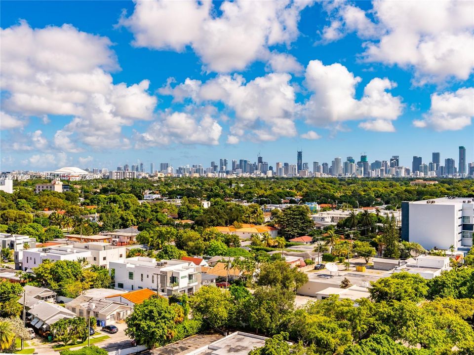 Aerial perspective showcasing a panoramic skyline, extensive mature tree canopy, and dense urban development