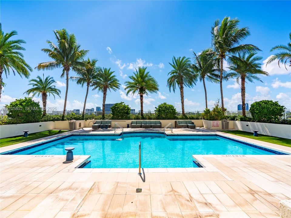 Swimming pool with tile surround, raised perimeter wall, and mature palm trees