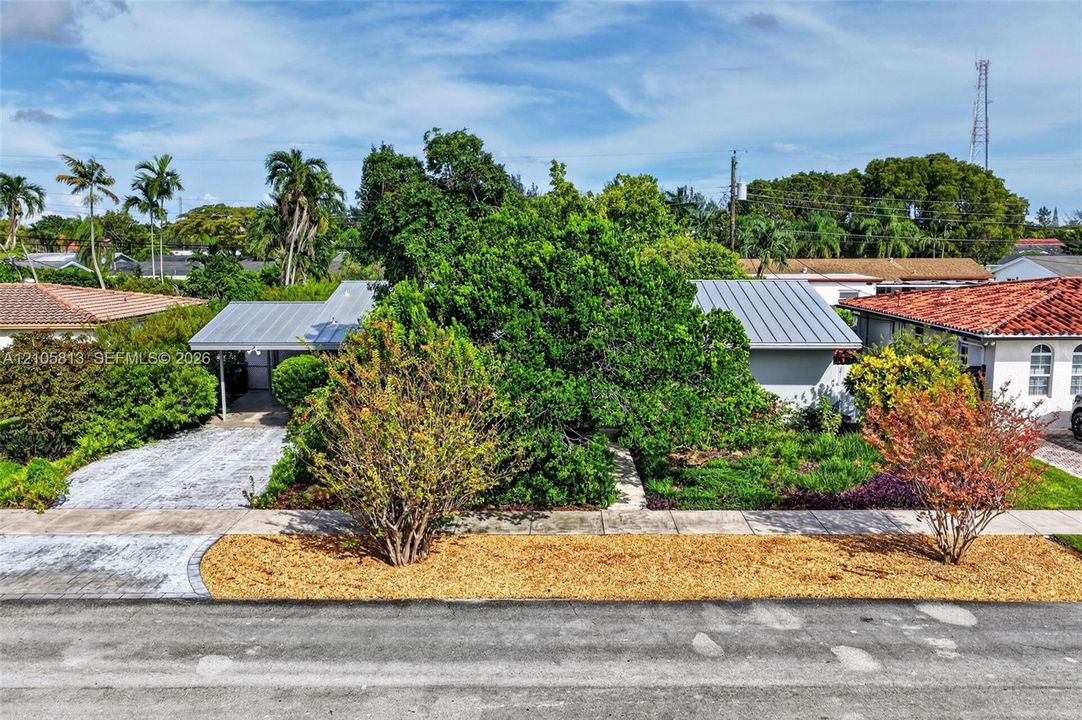 Single-story residence featuring a metal roof, concrete paver driveway, and mature landscaping