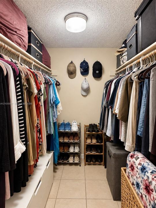 Walk-in closet featuring dual-sided hanging rods, built-in shelving, tile flooring, and flush-mount overhead lighting