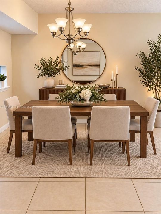 Dining area featuring large-format ceramic floor tiles, a multi-arm metallic chandelier, and a prominent round wall-mounted mirror