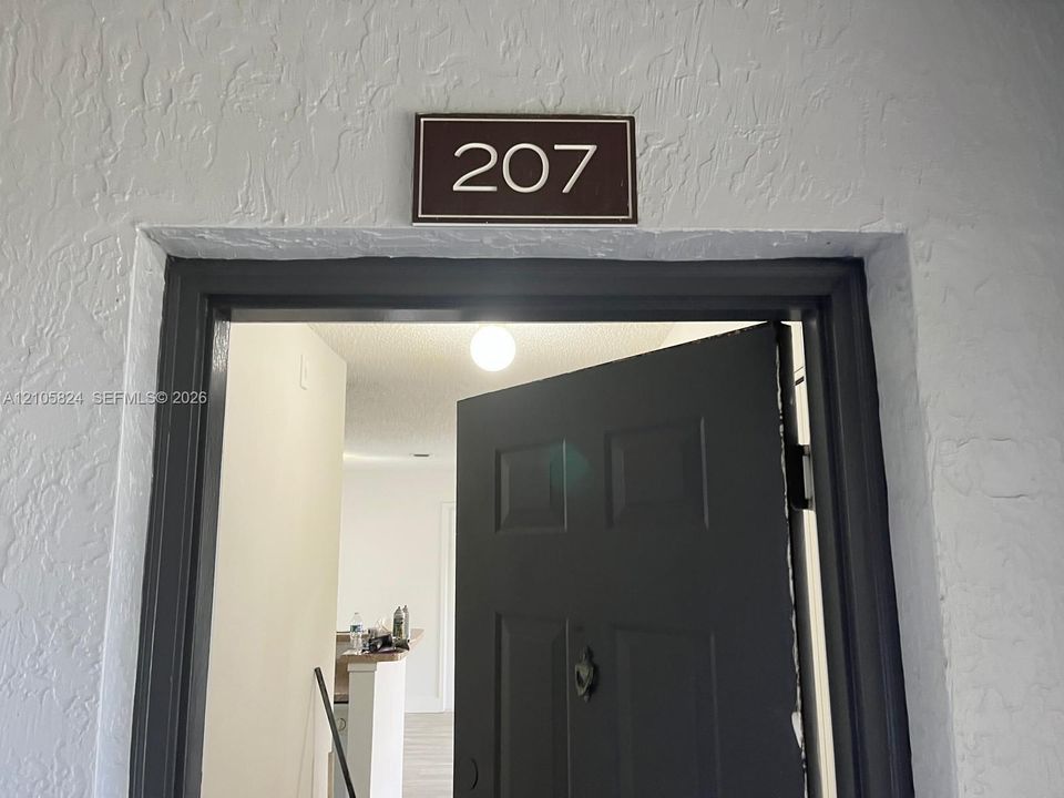 Entryway featuring a dark-toned multi-panel door with a mounted door knocker, framed by high-contrast trim against a textured stucco wall