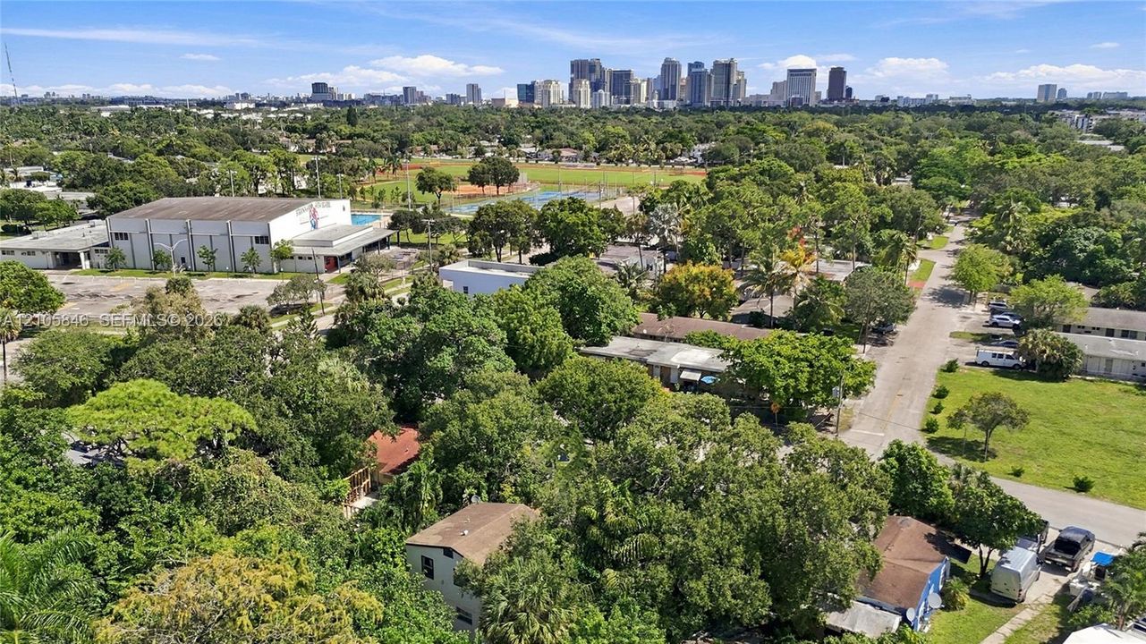 Aerial perspective featuring a panoramic city skyline backdrop, mature canopy of trees, and established urban infrastructure