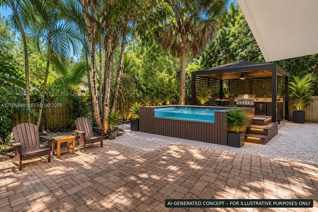 Outdoor living area featuring a paved brick patio, elevated plunge pool with glass-panel detailing, and a detached, covered structure equipped with a built-in outdoor kitchen