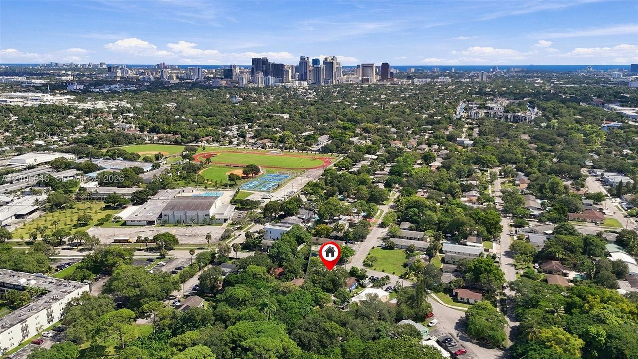 Aerial perspective featuring an established neighborhood canopy with proximity to municipal recreation facilities and a prominent skyline backdrop
