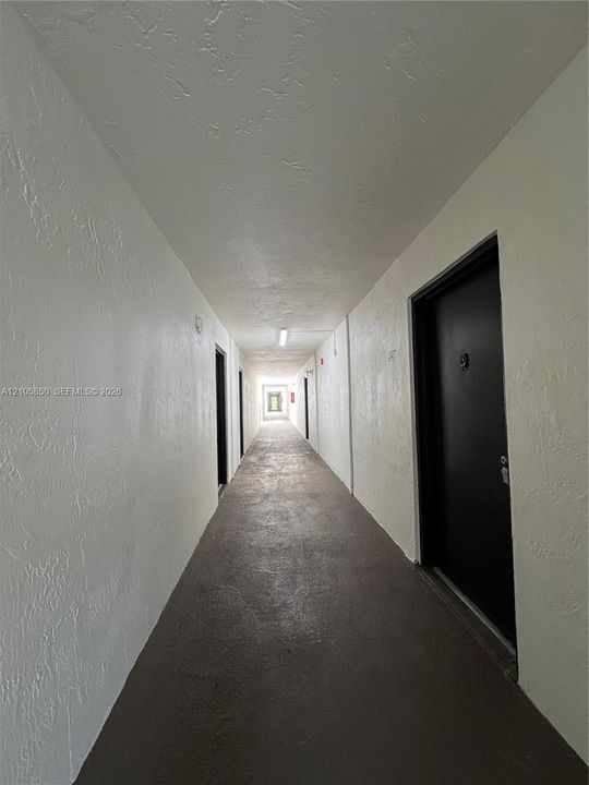Interior hallway featuring high-contrast black doors, textured white walls, and flush-mount ceiling lighting