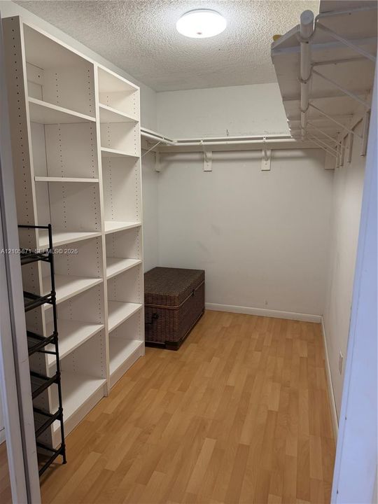 Walk-in closet featuring white built-in shelving, overhead storage racks, wood-finish flooring, and a flush-mount ceiling light