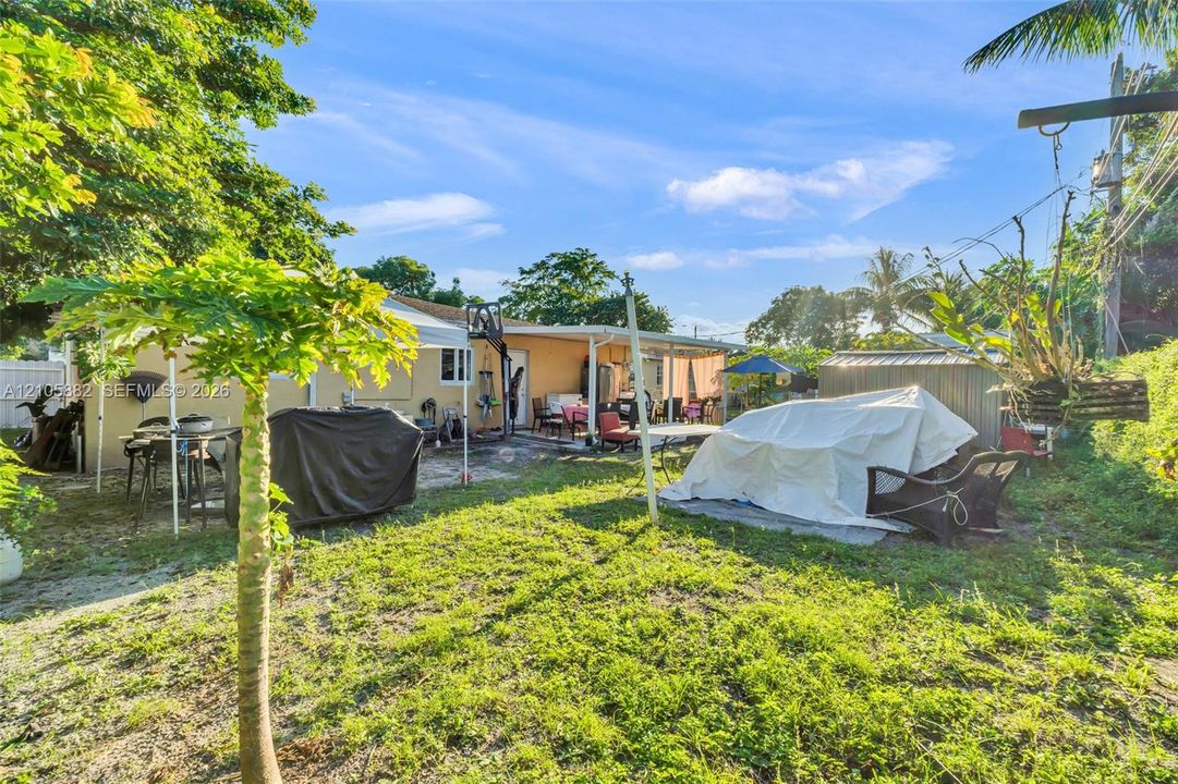 Rear exterior featuring a covered patio, concrete hardscaping, mature trees, and a metal storage shed