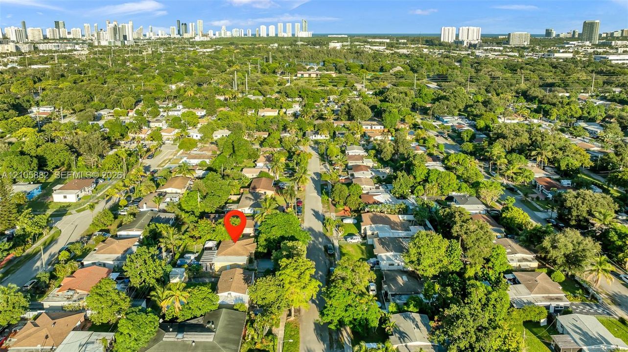 Aerial perspective of a residential lot featuring mature trees and a prominent skyline backdrop